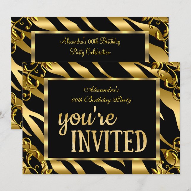 Zebra Gold Foil Black Elegant Birthday Party Invitation (Front/Back)