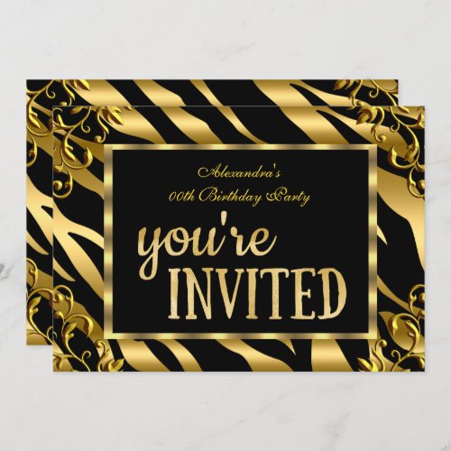 Zebra Gold Foil Black Elegant Birthday Party Invitation
