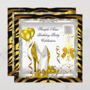 Zebra Gold Glitter Heels Yellow Birthday Party Invitation