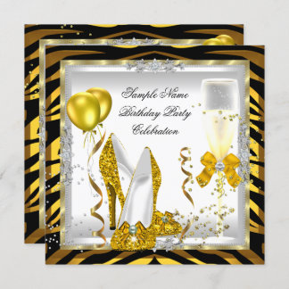 Zebra Gold Glitter Heels Yellow Birthday Party Invitation