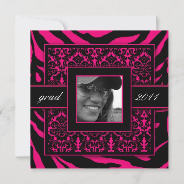 Zebra Grad Damask Party Invite Hot Pink Black (Front)