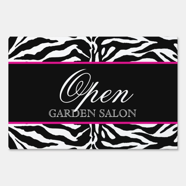 Zebra Hair Salon Lawn Sign Modern Black White Pink (Front)
