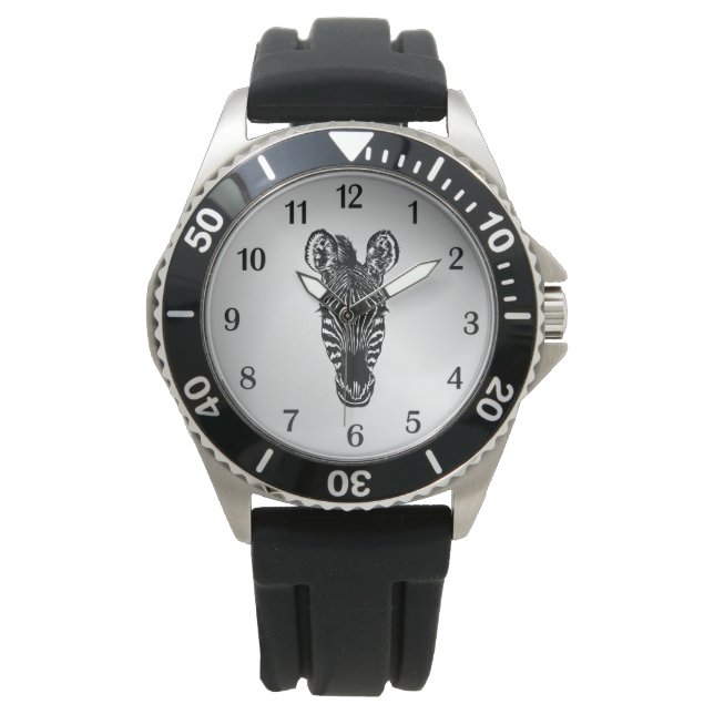 Zebra Head on Silver Black Numbers Watch (Front)