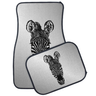 Zebra Head on Silver Car Floor Mat