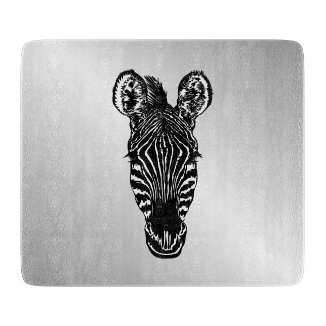 Zebra Head on Silver Cutting Board (Front)