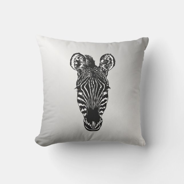 Zebra Head on Silver Outdoor Pillow (Front)