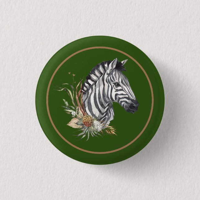 Zebra head savanna flowers watercolor illustration button (Front)