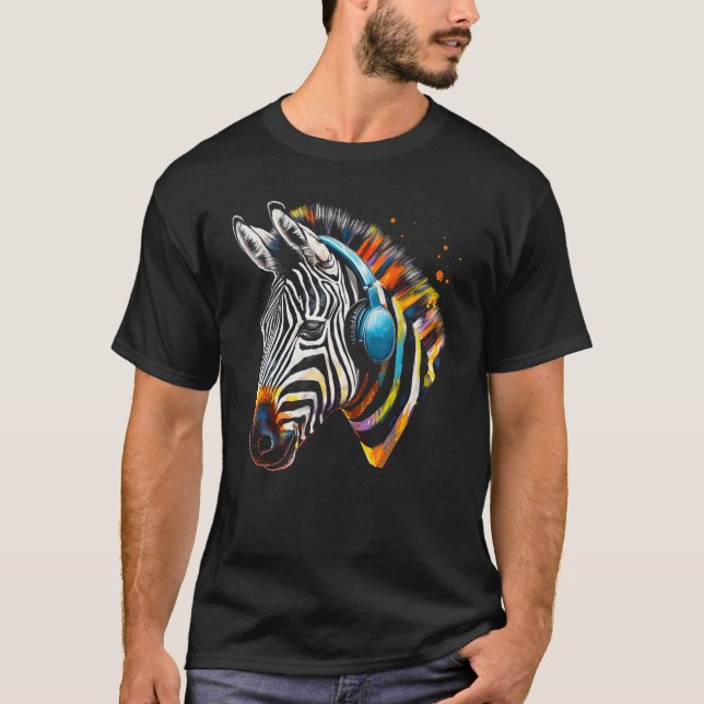 Zebra Headphones Artwork Music Animal Motif Zebra T-Shirt (Front)