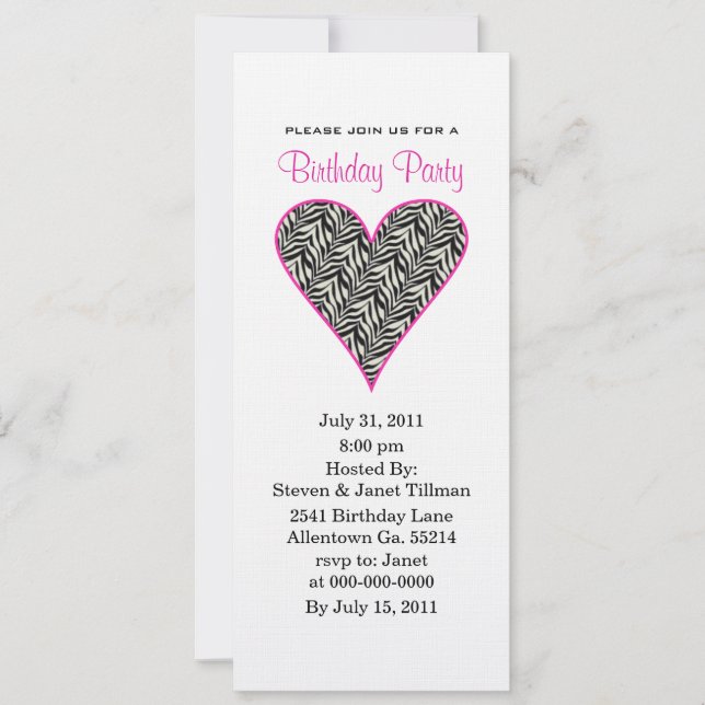 Zebra Heart Party Invitations (Front)