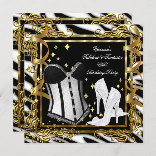 Zebra High Heel Gold Black Corset Birthday Party Invitation