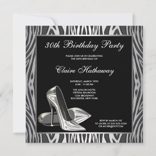 Zebra High Heel Womans 30th Birthday Party Invites