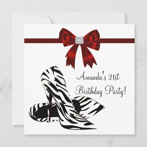 Zebra High Heels Womans 21st Birthday Party Custom Invitations