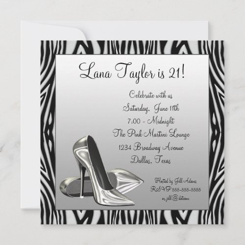 Zebra High Heels Womans  Birthday Party Custom Invitation