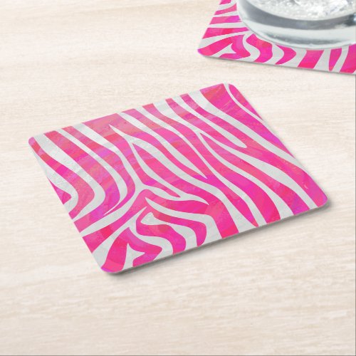 Zebra Hot Pink and White Print Square Paper Coaster