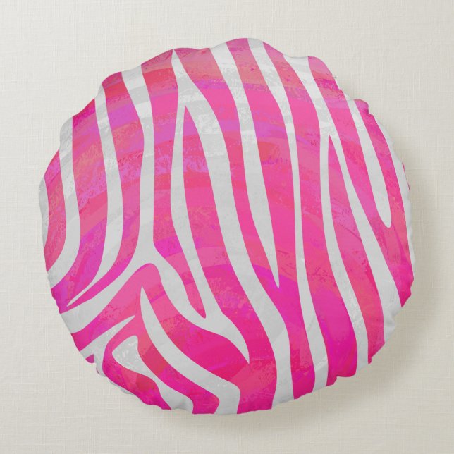 Zebra Hot Pink and White Silhouette Round Pillow (Back)