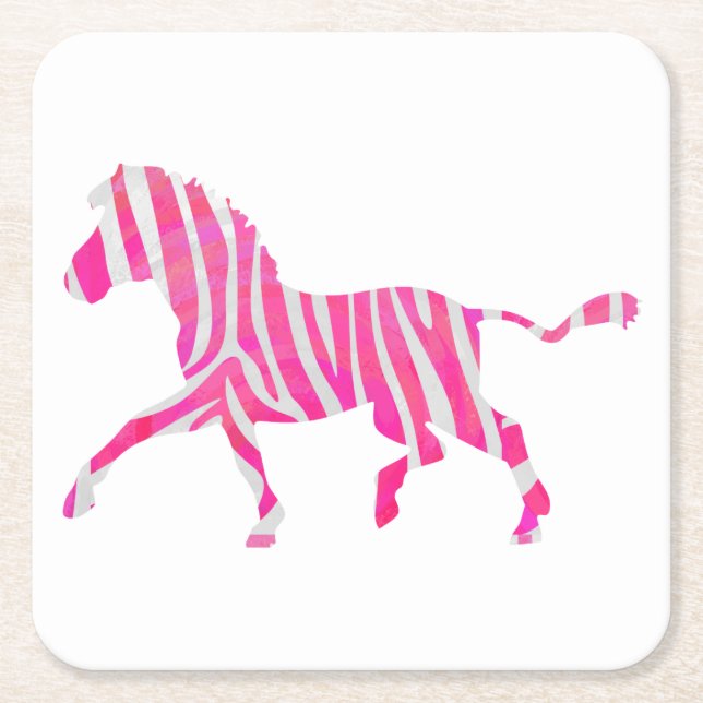 Zebra Hot Pink and White Silhouette Square Paper Coaster (Front)