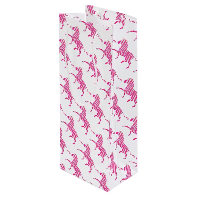 Zebra Hot Pink and White Silhouette Wine Gift Bag (Back Angled)