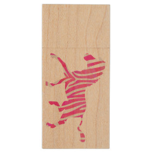 Zebra Hot Pink and White Silhouette Wood USB Flash Drive