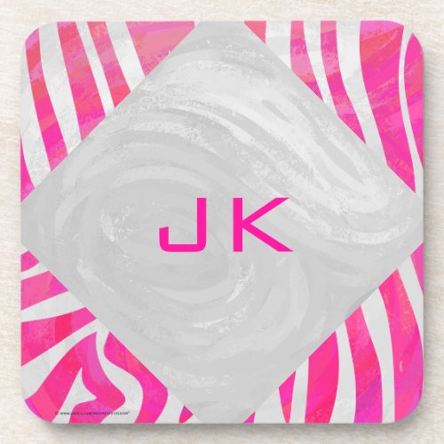 Zebra Hot Pink and White with Monogram Beverage Coaster