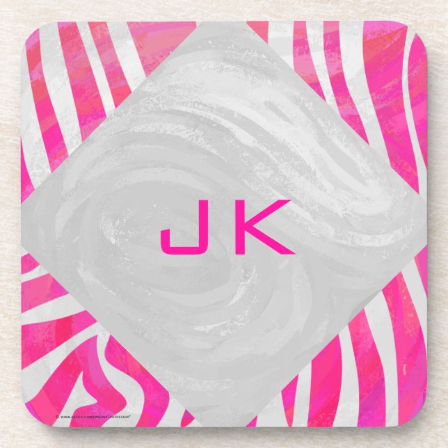 Zebra Hot Pink and White with Monogram Beverage Coaster (Front)