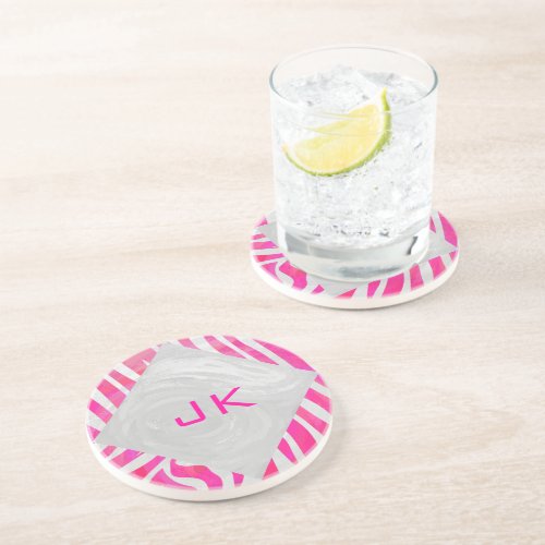 Zebra Hot Pink and White with Monogram Coaster