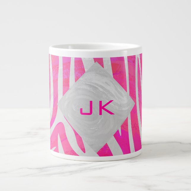 Zebra Hot Pink and White with Monogram Giant Coffee Mug (Front)