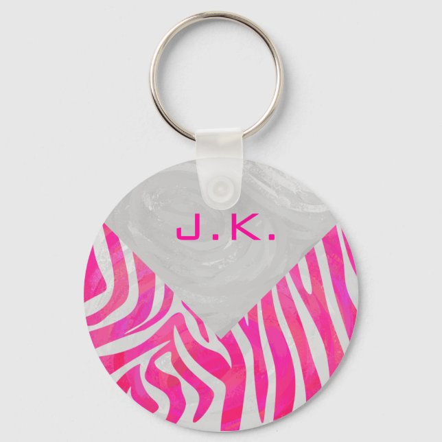 Zebra Hot Pink and White with Monogram Keychain (Front)