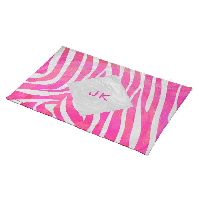 Zebra Hot Pink and White with Monogram Placemat (On Table)