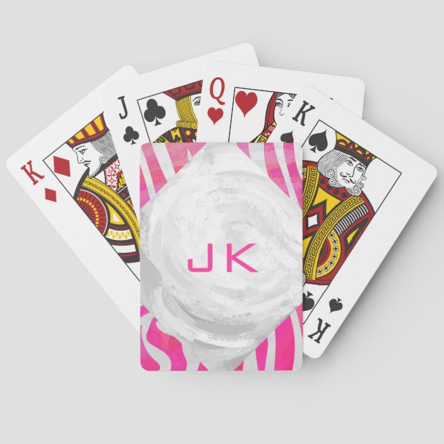 Zebra Hot Pink and White with Monogram Poker Cards (Back)