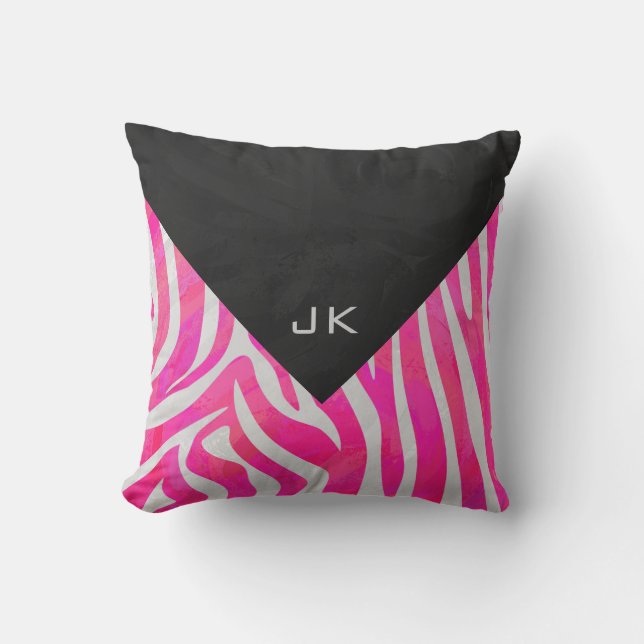 Zebra Hot Pink and White with Monogram Throw Pillow (Front)