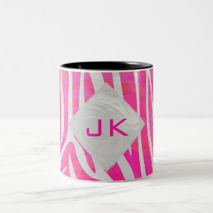 Zebra Hot Pink and White with Monogram Two-Tone Coffee Mug