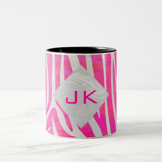 Zebra Hot Pink and White with Monogram Two-Tone Coffee Mug (Center)
