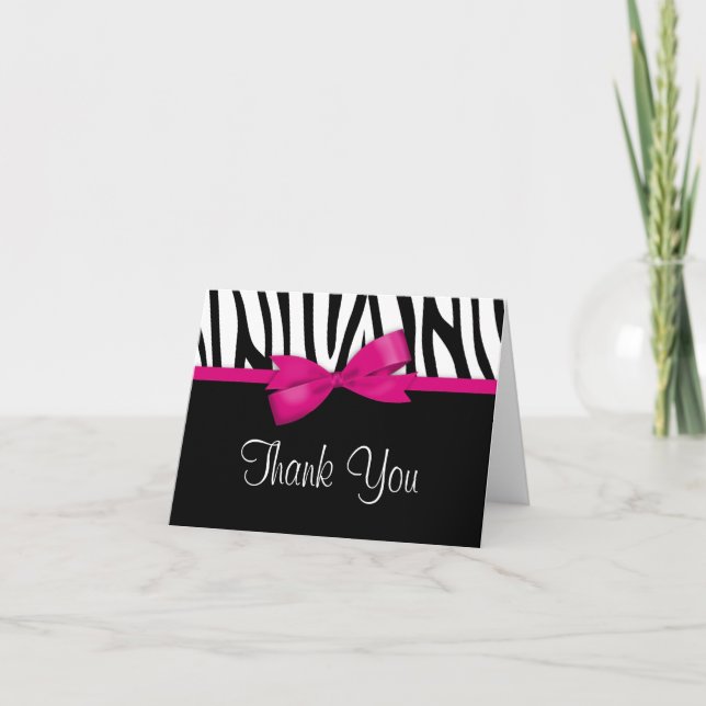 Zebra Hot Pink Bow Thank You Card (Front)