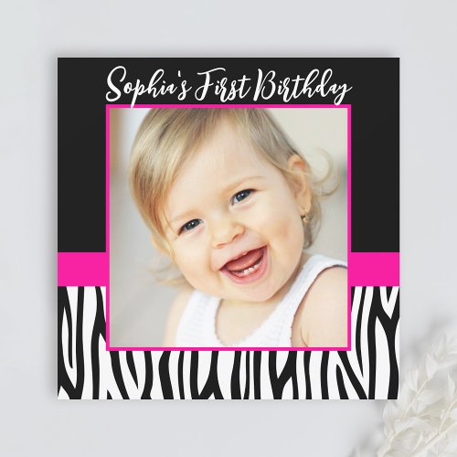 Zebra Hot Pink Girls Photo 1st Birthday Party Announcements
