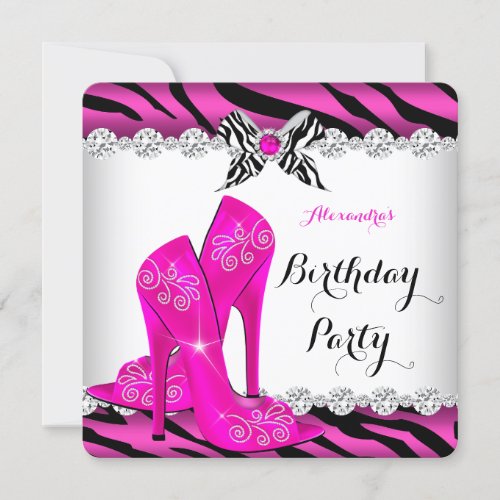 Zebra Hot Pink Glamour High Heels Birthday Party Invitation