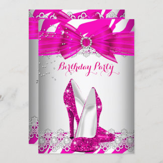 Zebra Hot Pink High Heel Lace Pearl Birthday Party Invitation