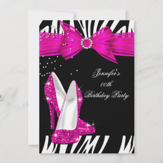 Zebra Hot Pink High Heel Shoe Black Birthday 3 Invitation