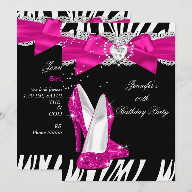 Zebra Hot Pink High Heel Shoe Black Birthday 4 Invitation (Front/Back)