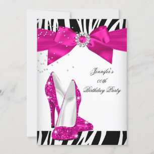 Zebra Hot Pink High Heel Shoe Black Birthday Bow Invitation