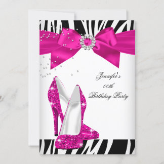 Zebra Hot Pink High Heel Shoe Black Birthday Bow Invitation