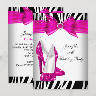 Zebra Hot Pink High Heel Shoe Black Birthday Party Invitation
