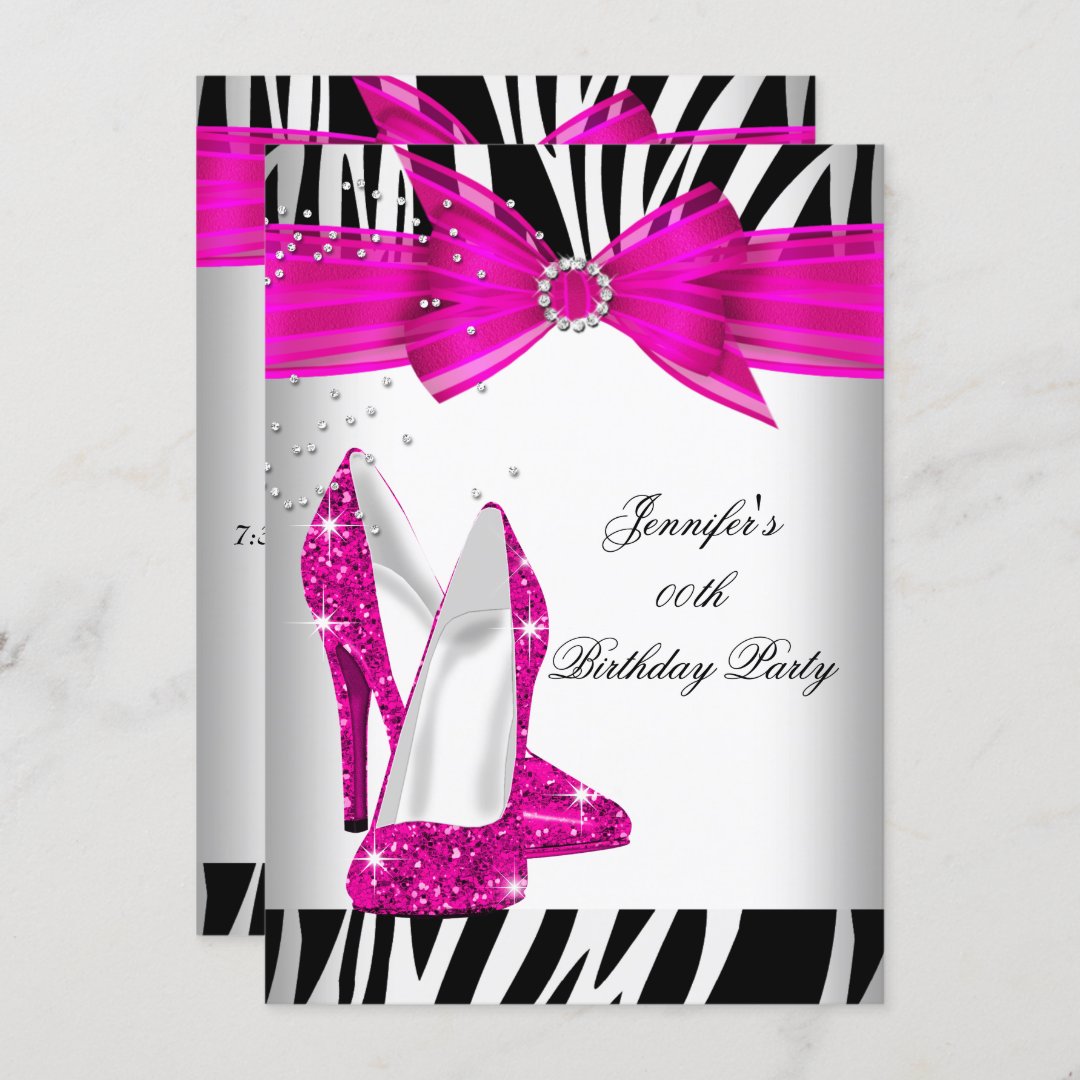 Zebra Hot Pink High Heel Shoe Black Birthday Party Invitation Zazzle