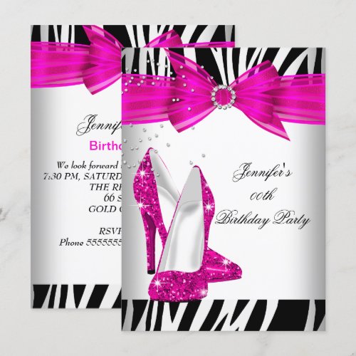 Zebra Hot Pink High Heel Shoe Black Birthday Party Announcements