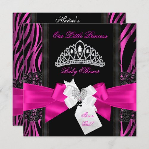 Zebra Hot Pink Princess Baby Shower Girl Black 2 Invitation