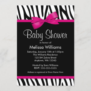 Zebra Hot Pink Printed Bow Baby Shower Invitation