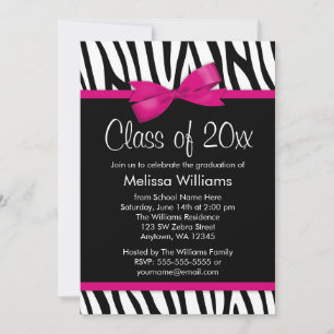 Zebra Hot Pink Printed Bow Graduation Party Invitation
