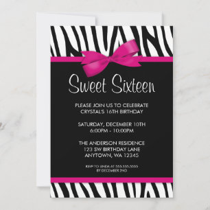 Zebra Hot Pink Printed Bow Sweet 16 Birthday Party Invitation