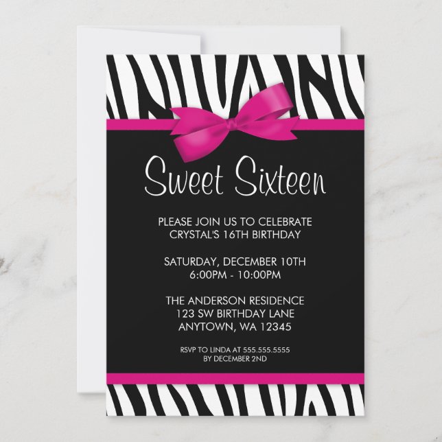 Zebra Hot Pink Printed Bow Sweet 16 Birthday Party Invitation (Front)