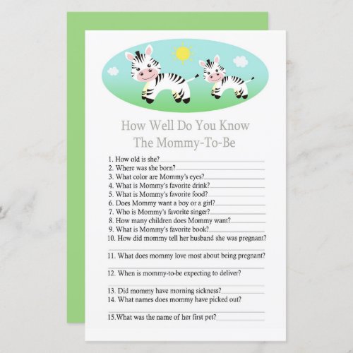 Zebra How well do you know baby shower game