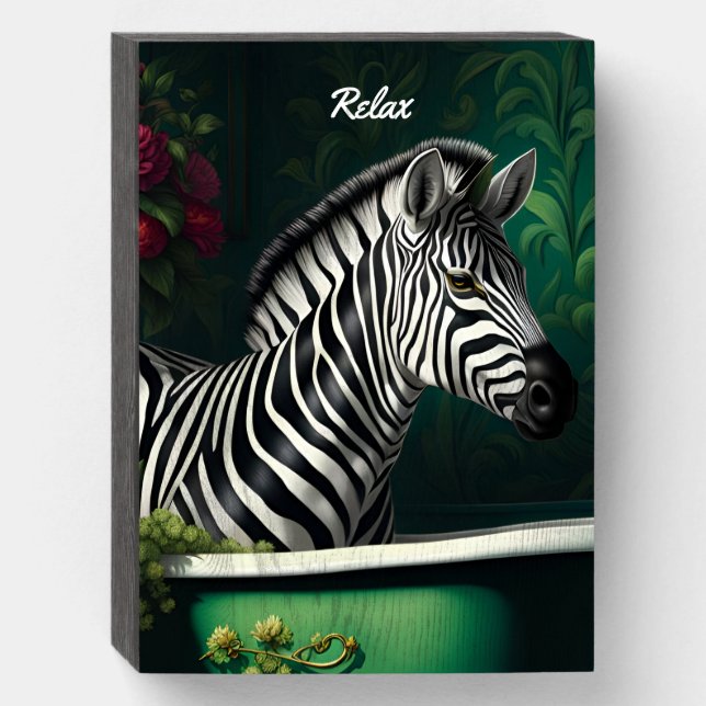 Zebra in a Bathtub Relax Wooden Box Sign (Front Vertical)